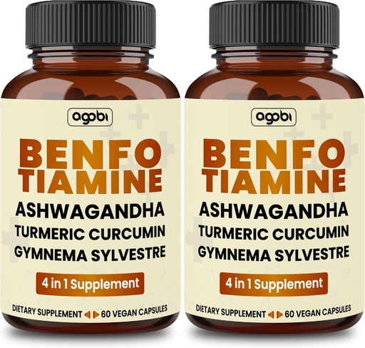 [BRSRO2YBDINQK333] Benfotiamine 600mg Supplement - 2 Months for Digestive System, Energy Production & Immune - Blended Turmeric Curcumin Root, Ashwagandha Root & Organic Gymnema Sylvestre - 2 Packs of 60 Capsules