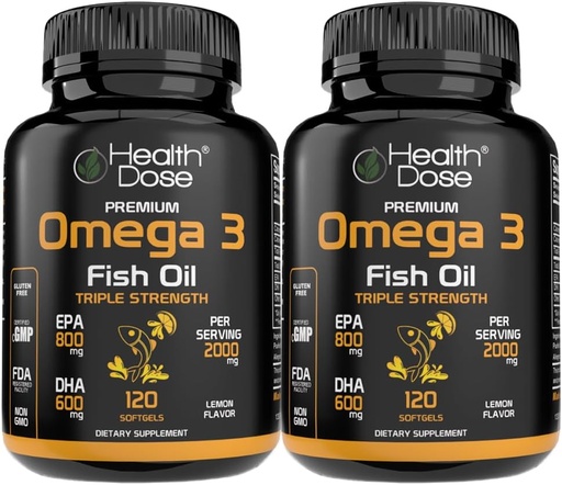 [BRSW2GQYDEMR6HLA] Health Dose Omega 3 Fish Oil – Lemon-Flavored Softgels with EPA & DHA for Brain, Heart, and Wellness Support – Easy-to-Digest, No Fish Burps – 120 Softgels, Pack of 2