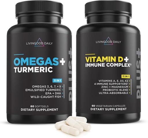 [BRSRMGQEAEPA2CA4] Livingood Daily Essentials Bundle - Powerful Supplement of Omega 3-6-7-9 Plus Turmeric Paired with Vitamin D3 K2, Magnesium, Probiotic Blend and More