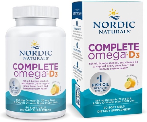 [BRSWIYA6C4FBQH3U] Nordic Naturals Complete Omega-D3, Lemon Flavor - 60 Soft Gels - 565 mg Omega-3 + 70 mg GLA + 1000 IU Vitamin D3 - EPA & DHA - Healthy Skin, Cognition, & Positive Mood - Non-GMO - 30 Servings