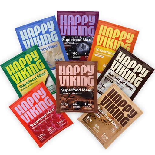 [BRSROAIFCECAYCDD] Happy Viking Variety Pack Plant Protein Powder, Created by Venus Williams, 20G Protein, Low Carb, Keto, Vegan, Gluten-Free, Non-GMO, Superfoods, Complete Meal Replacement, 8 Single Serve Packs