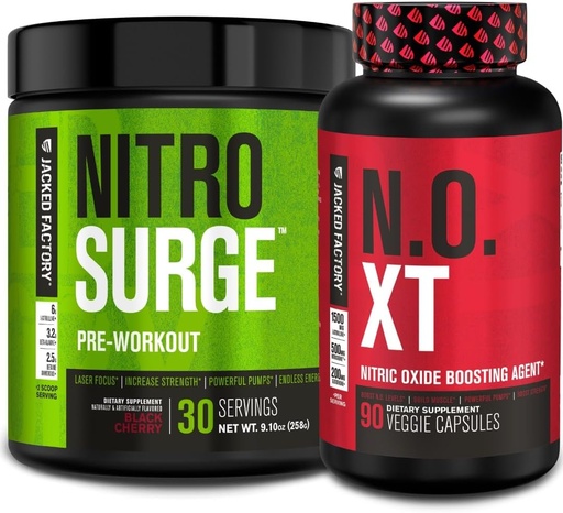 [BRSRMATRPINBU2T4] Jacked Factory Nitrosurge Preworkout Black Cherry & N.O. XT lämmastikoksiidi Booster meestele ja naistele