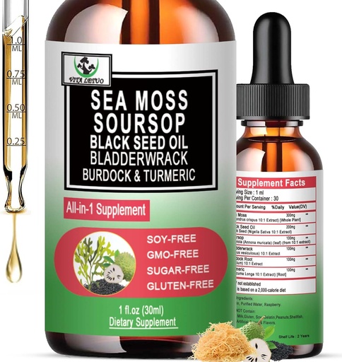 [BRSRA2T2AEPWG3YU] Sea Moss Black Seed Oil Soursop Liquid Drops with Bladderwrack Burdock Root Turmeric - Multimineral & Vitamins Superfood Drops Organic Non-GMO for Immune & Digestive & Cell Support Skin Hair