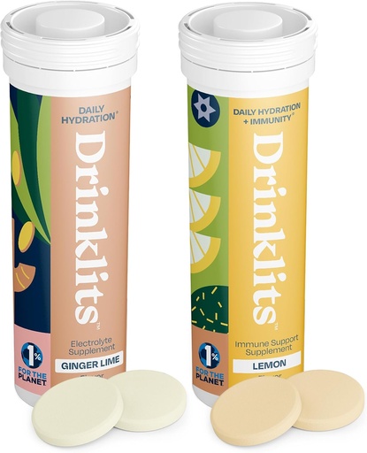 [BRSROBIDCQPQGCYU] Drinklits Ginger-Lime Hydration & Lemon Immune Support (2) Tube Combo Pack | Great Taste – Daily Electrolytes – Essential Vitamins | 20 Servings (10 Tablets Per Tube)