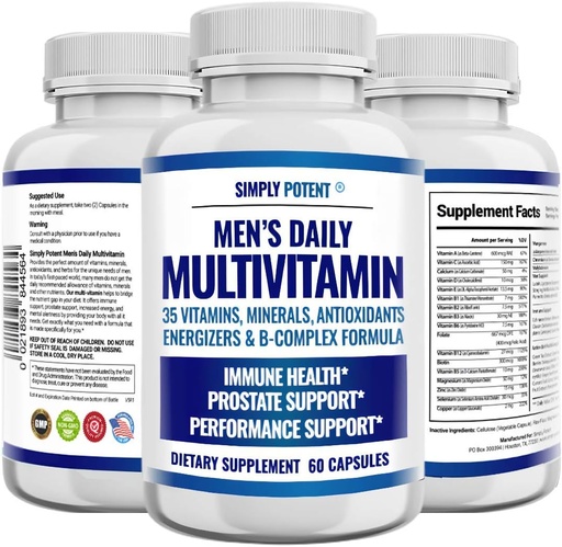 [BRSWYEANCQHQAADP] Simply Potent Daily Multivitamin for Men, 35 Vitamins with Minerals & Antioxidant, Vitamins A C D E, Biotin B12 Folate Zinc Magnesium & Saw Palmetto for Energy, Focus, Immune & Prostate Health, 60