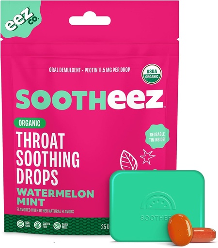 [BRSRAHQQPICGA3YY] Sootheez Organic Throat Soothing Drops for Adults, Watermelon Mint, 25 Count, Refillable, Great Tasting Drops That Sooth Sore Throats