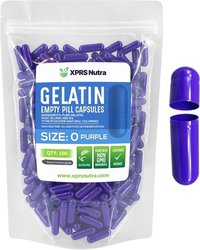 [BRSWGCA6B4FQOALA] XPRS Nutra Size 0 Empty Capsules - 100 Count Empty Gelatin Capsules - Pills DIY Capsule Filling - Pure Bovine Pill Gel Caps for Do-It-Yourself Supplements (Purple)