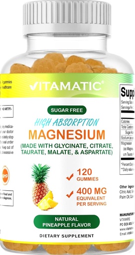 [BRSRAEDYA55BYDT2] Vitamatic Sugar Free Magnezyum Gummies - (Made with GLYCINATE, Citrate, TAURATE, Malate, & ASPARTATE) - Servis başına 400 mg - 120 Gummies - Sağlıklı Rahatlama, Kas, Bone, & Energy Support