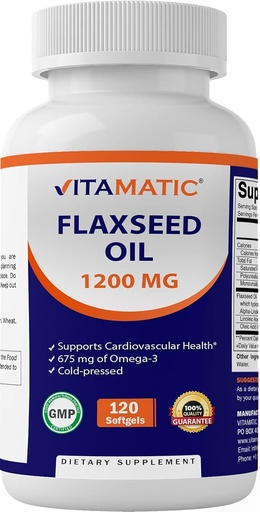 [BRSW2FD3CB6A4DLL] Vitamatic Flaxseed Oil 1200 mg – 120 Softgels Cold-Pressed Flaxseed Oil with 675 mg ALA Omega-3 – Supports Heart Health & Overall Wellness