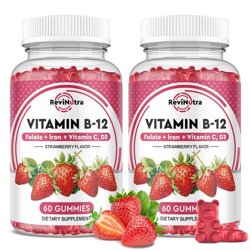 [BRSRA2YRDIMRACLL] Vitamin B12 Complex Gummies - 5000 mcg Methylcobalamin with Iron, Vitamin C, D3 & Folate, Energy Support & Metabolism, Immune, B-12 Chewable Supplement for Men & Women, Strawberry Flavor, 2 Pack