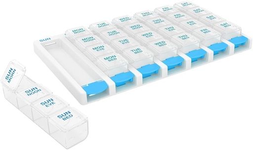 [BRSRMZI7BNYGAFI3] EZY DOSE Weekly (7 дней) 4 раза в день Push Button Pill Organizer and Vitamin Planner, Removable Daily Pillboxs, Blue, Clear Lids, Large, BPA Free