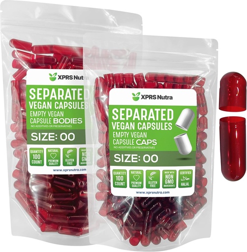 [BRSW2AIHDEJWYAAZ] XPRS Nutra Vegan Size 00 Separated Capsules - 100 Count Premium Empty Capsules Separated in Bags - 00 Pills Empty for DIY Supplement Filling (Clear Red)