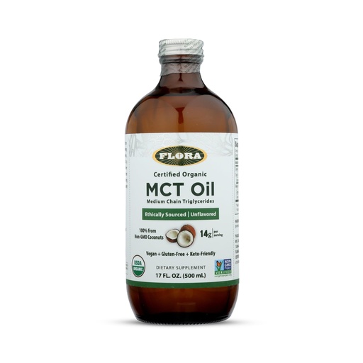 [BRSWYZQKOBYWC3DX] Flora Health MCT Oil Organic Energy Boost, C8 Caprylic & C10 Capric Acids, Keto, Kosher, Non-GMO Verified, 100% from Ethically and Sustainably Sourced Coconuts, 17 Fl Oz Liquid, Glass Bottle