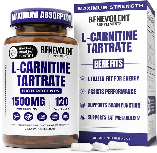 [BRSWYZANCB5RUFLV] Benevolent L Carnitine Supplement - High Potency 1500mg L-Carnitine Tartrate - Fast Absorbing, Convert Fat to Energy, Support Lean Muscle, Boost Workout Performance & Metabolism – 120 Vegan Capsules