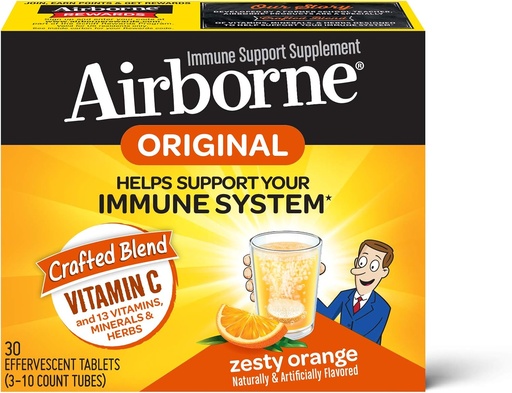 [BRSWIYYEBINRSDYZ] Airborne Zesty Orange Effervescent Tablets,1000mg of Vitamin C - Immune Support Supplement 30ea
