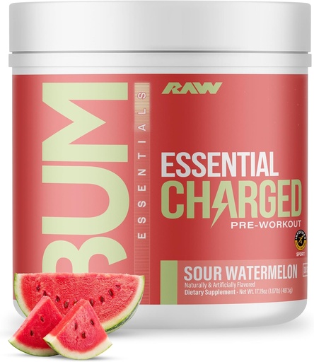 [BRSRA2YDA56RQDYV] RAW Pre-Workout Toz, Essential CHARGED (Sour Watermelon) - Erkekler ve Kadınlar için Preworkout Supplement - Supports Focus, Mood & Performance - Caffeine, Alpha-GPC, L-Citrulline, Beta Alanine (25 hizmet)