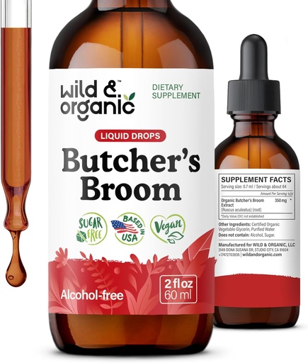 [BRSRAGQEOAHR4GQ6] Wild & Organic Butchers Broom Root Drops - Liquid Supplement for Leg Support - Alcohol Free Butcher's Broom Tincture - Ruscus Aculeatus Herb - Vegan, Non-GMO, No Sugar - 2 fl oz
