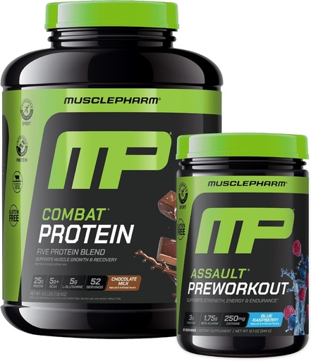[BRSRAZQTBACBA2T6] Muscle Pharm Combat 4lb Chocolate Protein and MusclePharm Assault Blue Raspberry Pre-Workout
