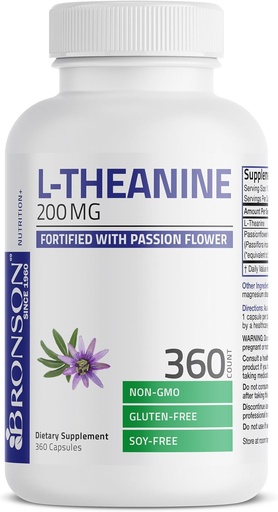 [BRSWGFQOBB7R4AA2] Bronson L-Theanine 200mg (Double-Strength) with Passion Flower Herb, Non-GMO Gluten-Free Soy-Free Stress Management Supplement, 360 Capsules