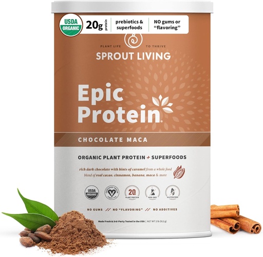 [BRSWYZQBOB6B6DTX] Sprout Living Epic Protein, Plant Based Protein & Superfoods Powder, Chocolate Maca Powder | 20 Grams Organic Protein Powder, Vegan, Non Dairy, Non-GMO, Gluten Free, Low Sugar (2 Pound, 24 Servings)