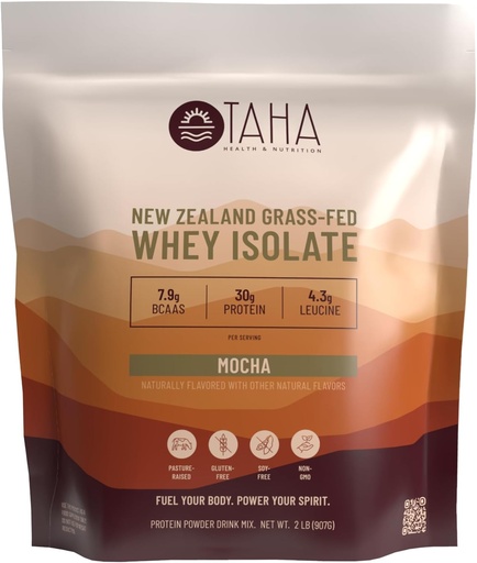 [BRSROBD7OEDR4A3U] Taha Health & Nutrition Mocha Whey Protein Isolate Powder, 30g Protein, 7.9g BCAAs, 4.3g Leucine | New Zealand Free-Range, Grass-Fed Dairy | Gluten-Free, Keto, Kosher | 2LB, 24 Servings