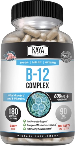 [BRSRAZQECJYWCD36] Kaya Naturals B-12 Komplexní doplněk 124; Multivitamin doplněk pro ženy a muže 124; Energy and Metabolism Booster C124; Vitamin dodatek s Biotin, Choline, Inositol, Folát, a Vitamin C - 180 Počet