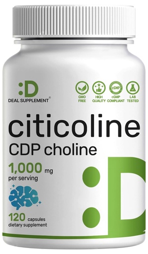 [BRSROYA6DJ6A4FY4] Citicoline CDP Choline, 1,000mg Per Serving, 120 Capsules – Extra Strength Choline Supplements – Nootropic B Vitamin Properties – Promotes Brain Health, Memory, & Focus – Non-GMO