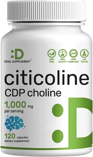 [BRSROYA6DJ6A4FY4] Citicoline CDP Choline, 1,000mg Zerbitzu bakoitzeko, 120 kapsulak - Indarra Choline gehigarria - B bitaminaren propietateak - Garuneko osasuna, memoria eta fokua sustatzen ditu - Ez-GMO