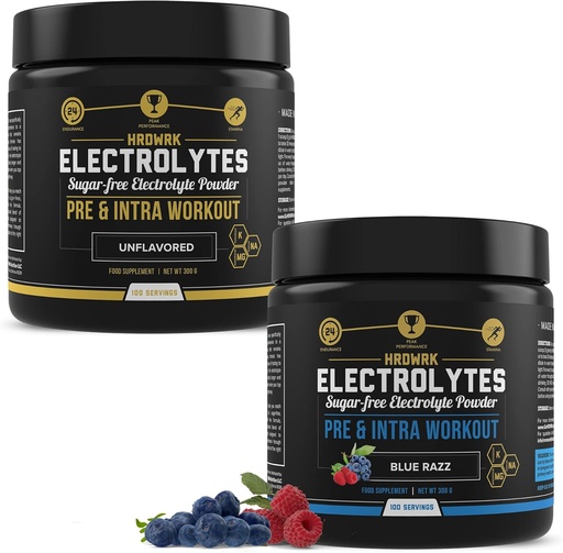 [BRSRMEILBUBRADQ7] MMA Nutrition HRDWRK 100 Servings Keto Electrolytes Pó Hidratação Açúcar Livre - Electrolyte Pó para aumentar a resistência e reduzir a fadiga com eletrólitos Suplemento - Conjunto de framboesa sem sabor e azul