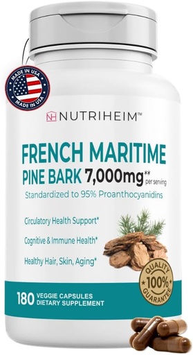 [BRSROBQYA4GRUD3K] French Maritime Pine Bark Extract 7000mg with 95% Proanthocyanidins for Circulation, Heart Health, Skin, Cognitive Support - 20:1 Ratio & 180 Veggie Capsules - Non-GMO, Gluten-Free, Vegan-Friendly