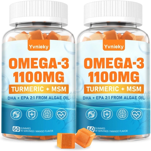 [BRSRAGIPOQGQOG33] Vegan Omega 3 Supplement Gummies 1100m for Adults - DHA 680mg & EPA 340mg with Turmeric, MSM, Vitamin C, E, D3, Zinc - Algae Fish Oil Alternative