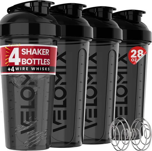 [BRSRAGDQBMAQEGQZ] VELOMIX -4 PACK- 28 oz Protein Shaker Bottle for Protein Mixes - 4x Wire Whisk | Leak Proof Shaker Cups for Protein Shakes | Protein Shaker Bottle Pack | Protein Shake Cup(All in Black)