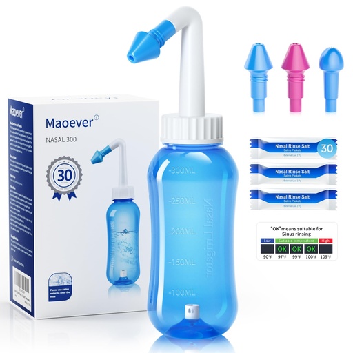 [BRSWGGQYPJ4GG3Y4] MAOEVER Neti Pot Sinus Rinse Bottle Nose Wash Cleaner Pressure Rinse Nasal Irrigation for Adult & Kid BPA Free 300 ML with 30 Nasal Wash Salt Packets and Sticker Thermometer(Blue)