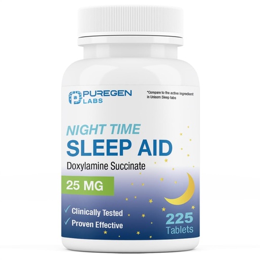 [BRSROBDRBZ5AKEL6] Puregen Labs Doxylamine Succinate 25mg | Nighttime Sleep Aid | Safe & Effective | Non-Habit Forming Sleep Aid | Made in USA | 225 Tablets