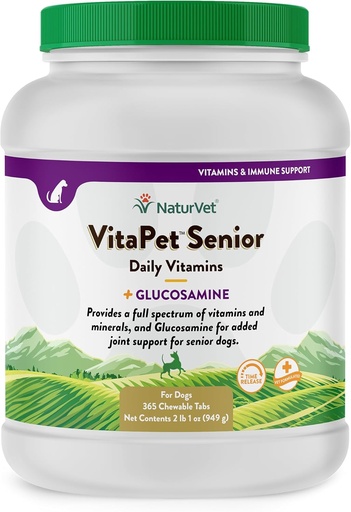 [BRSWIEIYOQNQIC34] NaturVet - VitaPet Senior Daily Vitamin til Senior Hunde - Plus Glucosamin - Fuld Spektrum af Vitamin & Min - Forbedret med Glucosamin til Tilføjet fælles støtte - 365 tidsudgivelsestabletter