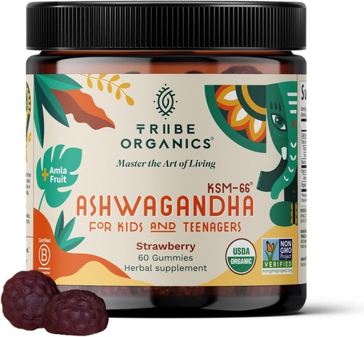 [BRSROFQDCMDR423D] Ashwagandha KSM-66 Gummies for Kids & Teens - Pure Organic Root Extract Ayurvedic Supplement Gummy - Focus Mood Support Increase Energy Strength 600mg of Natural KSM66 for Superior Absorption