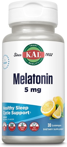 [BRSWIYT3OMAQGALK] KAL Melatonin 5mg Sleep Aid Lozenges, Melatonin Supplement Supports Sleep Quality, Calming Relaxation and a Healthy Sleep Cycle, with Added Vitamin B6, Vegetarian, Natural Lemon Flavor, 30 Lozenges