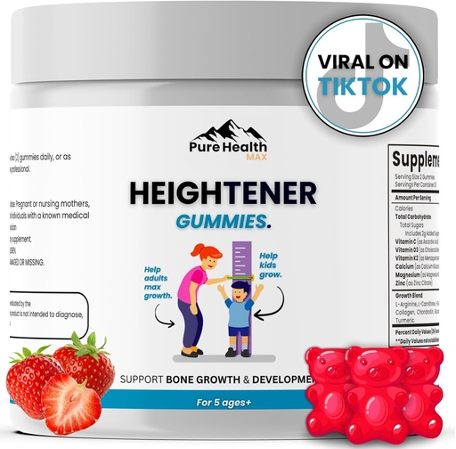 [BRSRAHT5OB6B4FYZ] Heightener Gummies - Natural Height Growth Supplement for Kids, Teens and Adults to Increase Bone Strength and Grow Taller | Height Maximizer Pills with L-Arginine, Calcium & Zinc | 60 Gummy