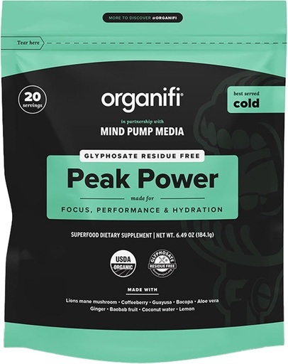 [BRSROZYDB4DQEHL4] Organifi Peak Power, Pre Workout Powder to Support Hydrition, 配有狮子马恩和瓜尤萨