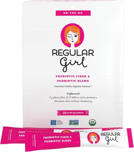[BRSWGFANB54BQF3O] Regular Girl Organic Powder, Prebiotic Fiber Supplement and Probiotics for Women, Low FODMAP, 30 On-The-Go Packets, Unflavored, 30 Serving Packets