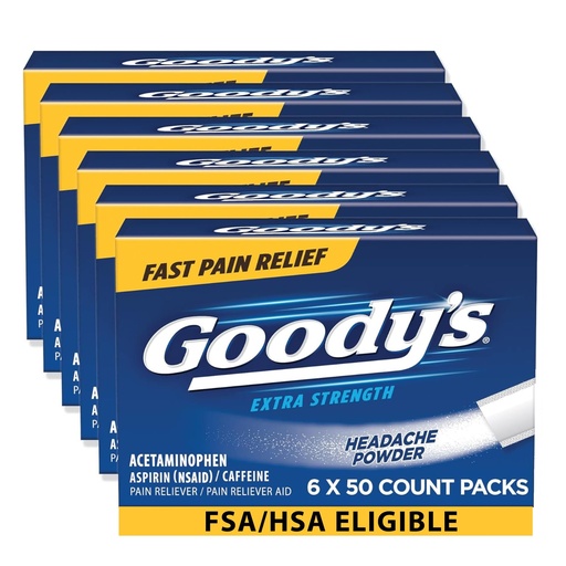 [BRSWKZQACAJRSHLC] Goody's Triple Action Headache Powder, Extra Strength Relief, 50 Ct, 6 Pk | Fast Pain Relief, Goodys Headache Relief, With Acetaminophen, Aspirin & Caffeine, For Adults, Dissolve Packs