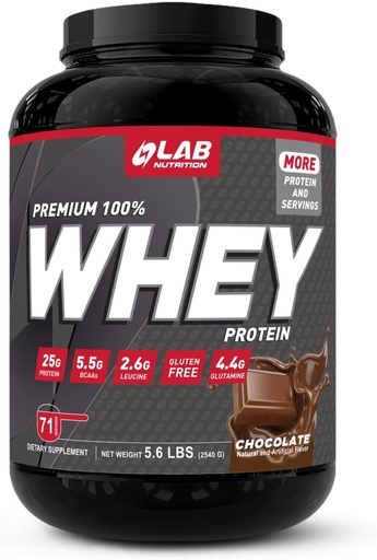 [BRSW2HYTCMPB6F3Z] Lab Nutrition Premium, 100% Whey Protein pulver, Bygg muscl, Glutenfri, 25 g Protein, Delicious Sjokolade Flavor, 5,6 Lbs - 71 Services