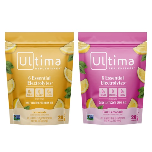 [BRSROFA2BACWGHTH] Ultima Replenisher Electrolyte Powder Drink Mix Bundle – Sugar Free – Lemonade and Pink Lemonade, 20 Stickpacks – 6 Electrolytes and Minerals – Keto Friendly, Vegan, Non-GMO