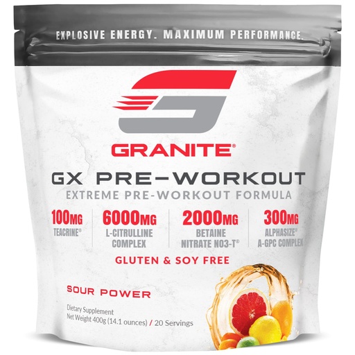 [BRSWYEI7CAGREADG] Granite GX Pre Workout Supplement, Sour Power Flavor, Supports Focus, Energy, & Performance with Teacrine, L-Citrulline, Betaine, & A-GPC (20 Servings)