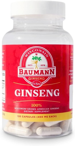 [BRSWYYYTBF7G2CQU] Baumann Wisconsin Ginseng Capsules 130 Pills 400 mg – Pure American Ginseng Root Extract Powder en cada píldora - 100% Natural Panax Ginseng Suplemento para Immune Support, Focus and Energy
