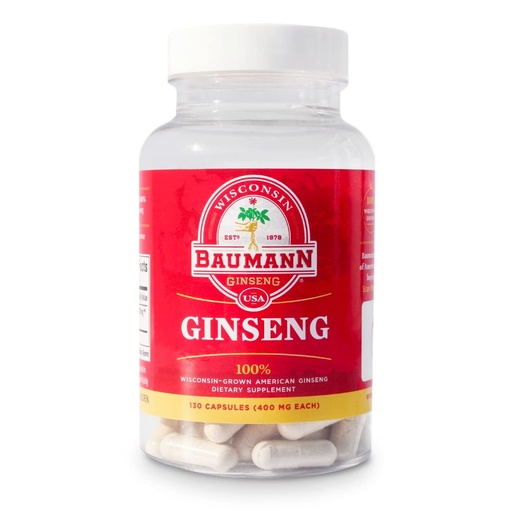 [BRSWYYYTBF7G2CQU] Baumann Wisconsin Ginseng Capsules 130 Pills 400 mg – Pure American Ginseng Root Extract Powder in Each Pill - 100% Natural Panax Ginseng Supplement for Immune Support, Focus and Energy