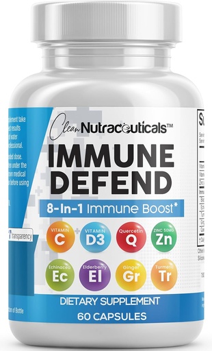[BRSW2ZYCCQNRAA3B] Clean Nutraceuticals Immune Defense Support Supplement 8 in 1 with Zinc 50mg Quercetin, VIT C 1000mg, Vitamin D3 5000 IU, Elderberry, Ginger - Immunity System Booster for Adults, Vegan - 60 Count