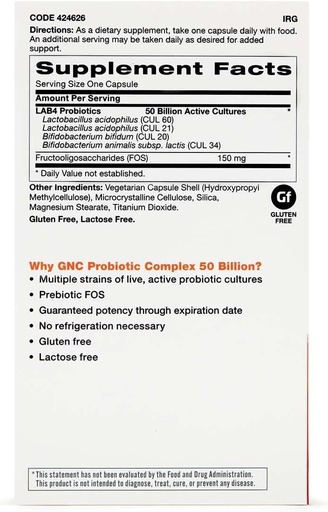 [BRSWGZD2CF7Q2CLU] GNC Probiotic Complex with 50 Billion CFUs, Twin Pack, 30 Capsules per Bottle, Daily Probiotic Support