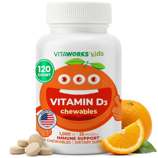 [BRSRMH32C55RGC3B] Kids Vitamin D 1000 IU Chewable Tablets - Tasty Natural Orange Flavor - Vegan, GMO-Free, Gluten Free, Nut Free Vitamins - Dietary Supplement for Immune Support - for Children - 120 Chewables