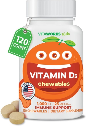 [BRSRMH32C55RGC3B] Kids Vitamin D 1000 IU Chewable Tablets - Tasty Natural Orange Flavor - Vegan, GMO-Free, Gluten Free, Nut Free Vitamins - Dietary Supplement for Immune Support - for Children - 120 Chewables